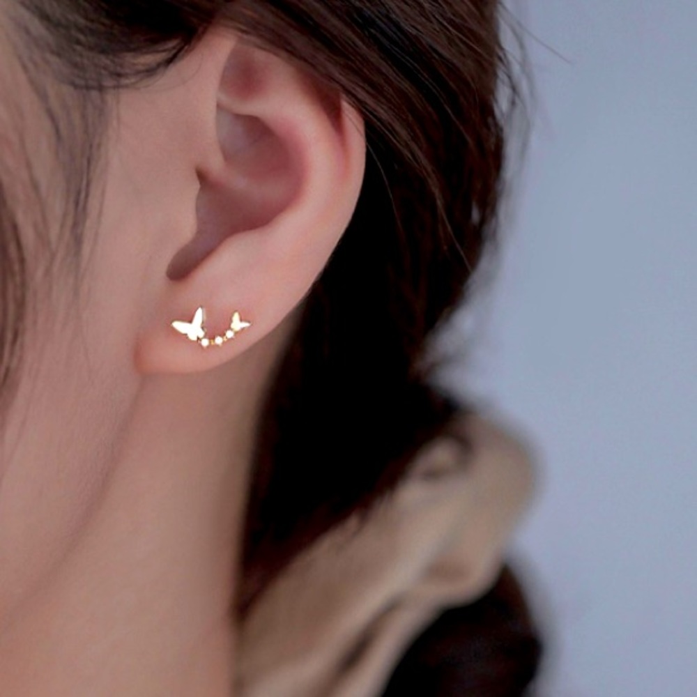 14K GOLD Ultra Delicate Dainty Butterflies Ear Climber Zirco MicroStud E… - Picture 2 of 16